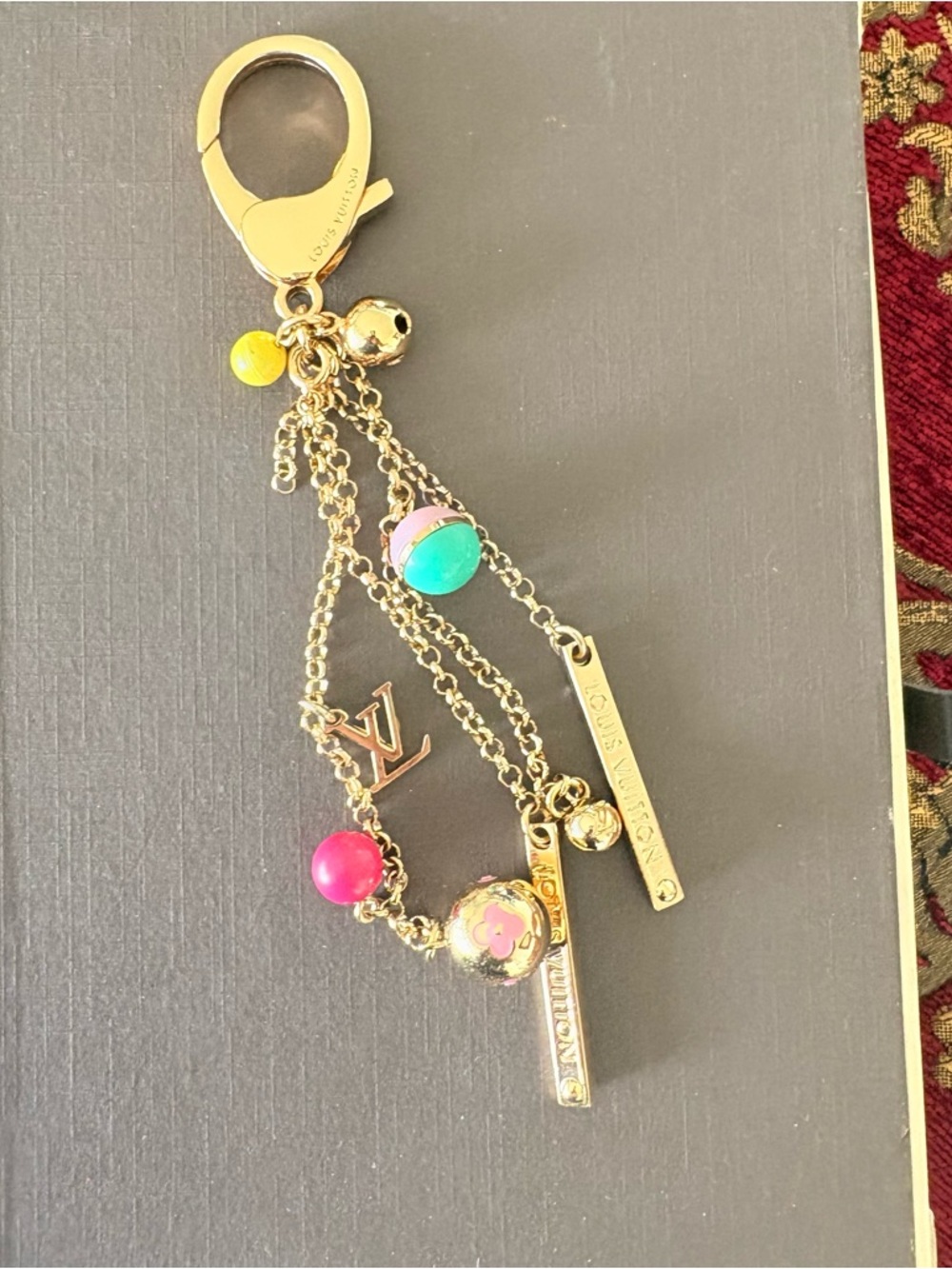 LV Gold-Tone Charm Necklace with Pink and Turquoise Beads